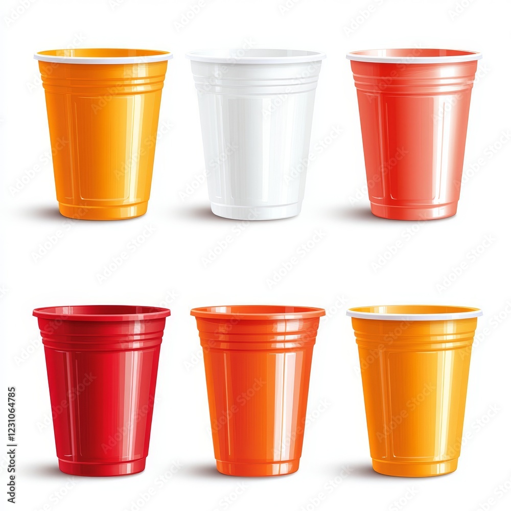 Six colorful plastic cups isolated on white background. Six colorful plastic cups isolated on white background.