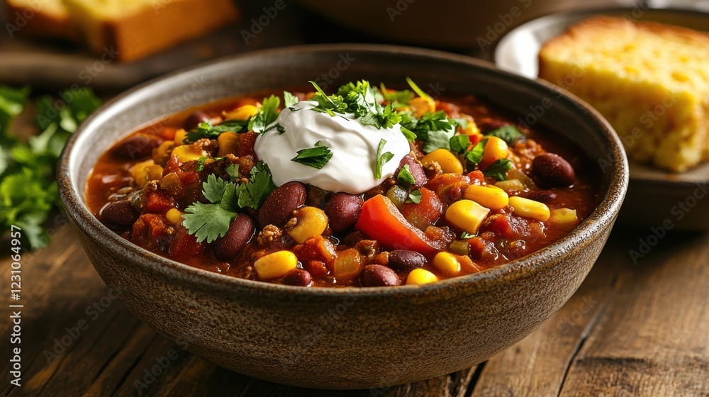 A rustic bowl of hearty vegetable chili with beans, corn, and bell peppers A rustic bowl of hearty vegetable chili with beans, corn, and bell peppers