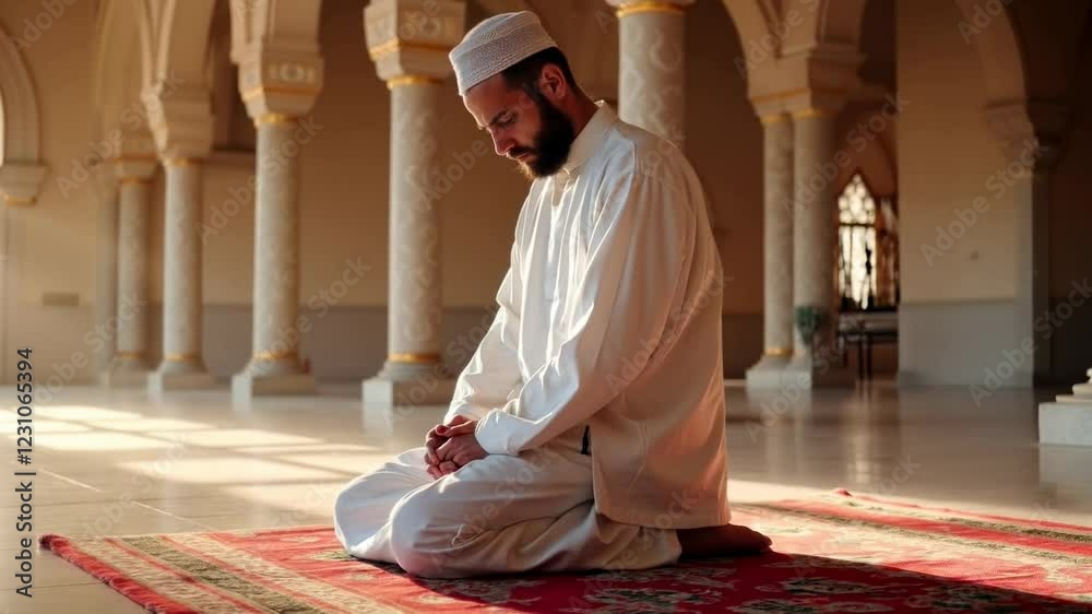 A Solemn Moment of Prayer in a Beautifully Designed Mosque with Intricate Architecture A Solemn Moment of Prayer in a Beautifully Designed Mosque with Intricate Architecture