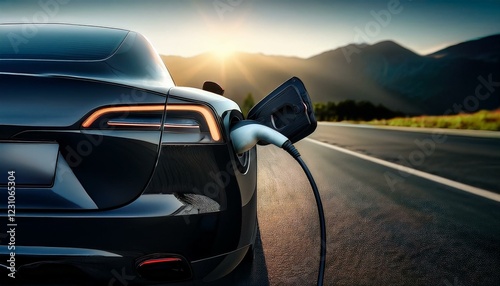 car driving on a highway, showing a close-up photo of the charging dock attached to the rear of a black electric sports car