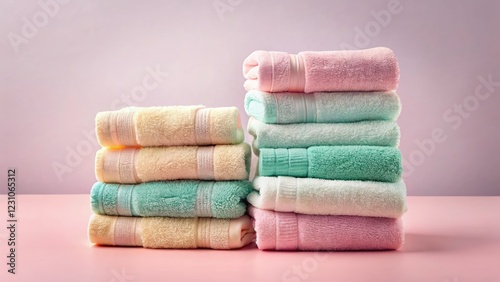 Surreal Stacked Bath Towels on Pink Background - Luxurious Home Decor, Vibrant Textiles, Minimalist Aesthetic, Cozy Bathroom Essentials, Soft Colors, Whimsical Arrangement, Contemporary Design