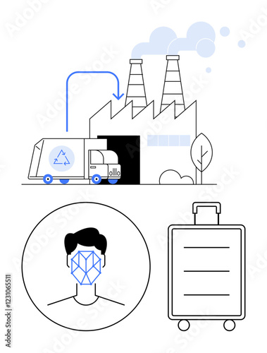 Recycling truck near a smart factory, face recognition icon, luggage bag visual. Ideal for sustainability, AI, logistics, technology, travel security, supply chain abstract line flat metaphor