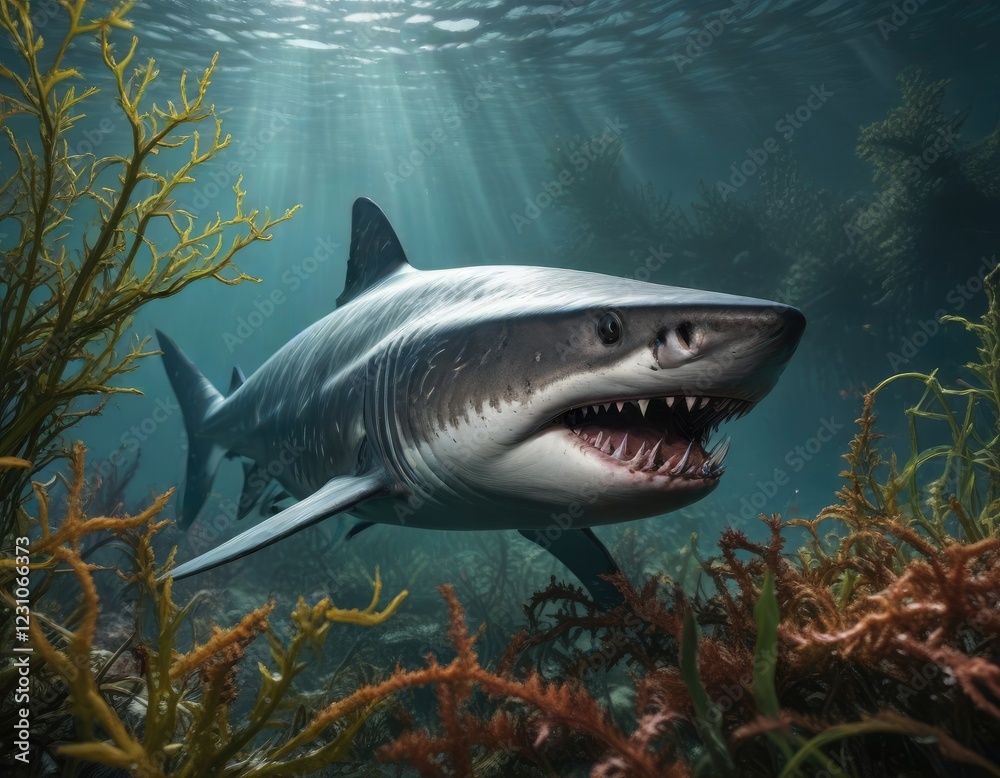 Naklejka premium Sevengill shark swims through tangled seaweed, brown seaweed, green sea fans