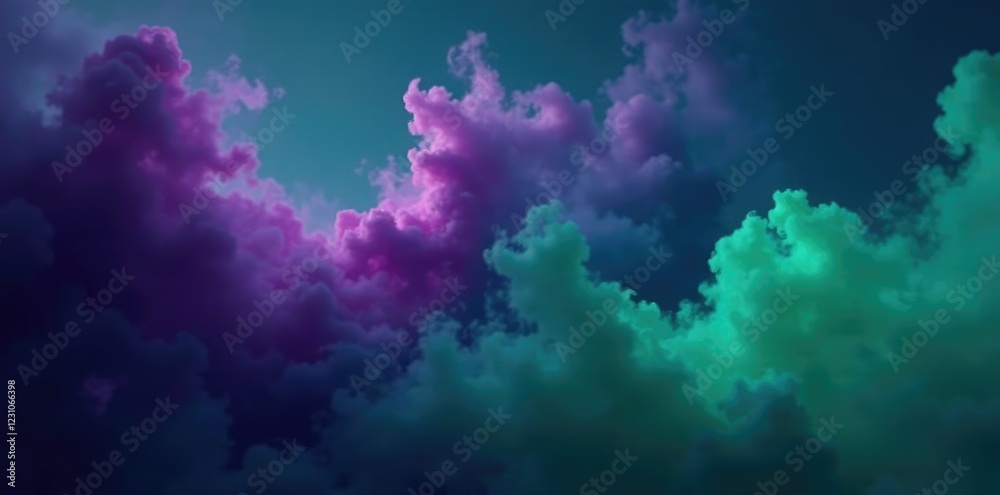 Fototapeta premium Dark clouds billow with purple and green smoke, foreboding, ominous