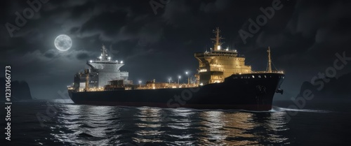 Shipping vessel navigates through the darkness of night, martime traffic, nighttime navigation, maritime photo