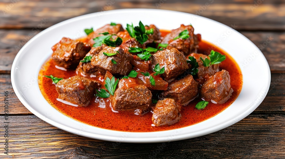 Beef Stew in Red Sauce on Rustic Wooden Table Beef Stew in Red Sauce on Rustic Wooden Table