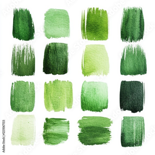 Sixteen watercolor green paint swatches in various shades and textures on white background.