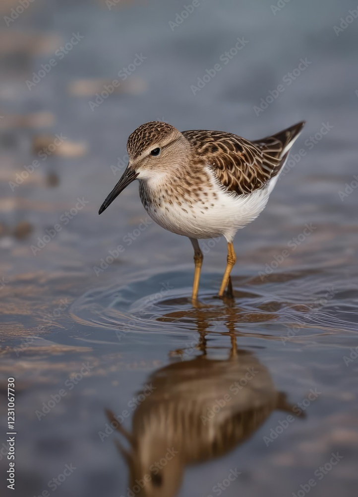 Small sandpiper searching for food in shallow water, shore, aquatic life, bird Small sandpiper searching for food in shallow water, shore, aquatic life, bird