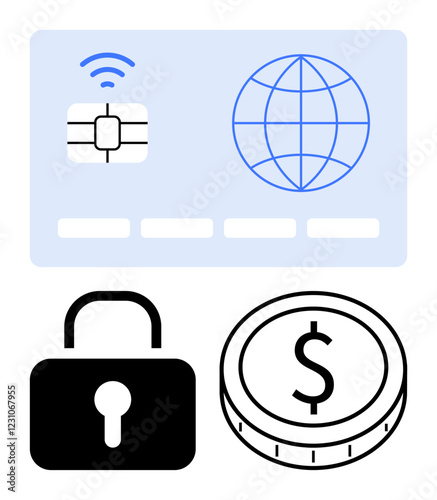 Contactless payment card with chip, globe symbol for global transactions, secure lock for safety, and dollar coin for monetary value. Ideal for fintech, e-commerce, global trade, online security