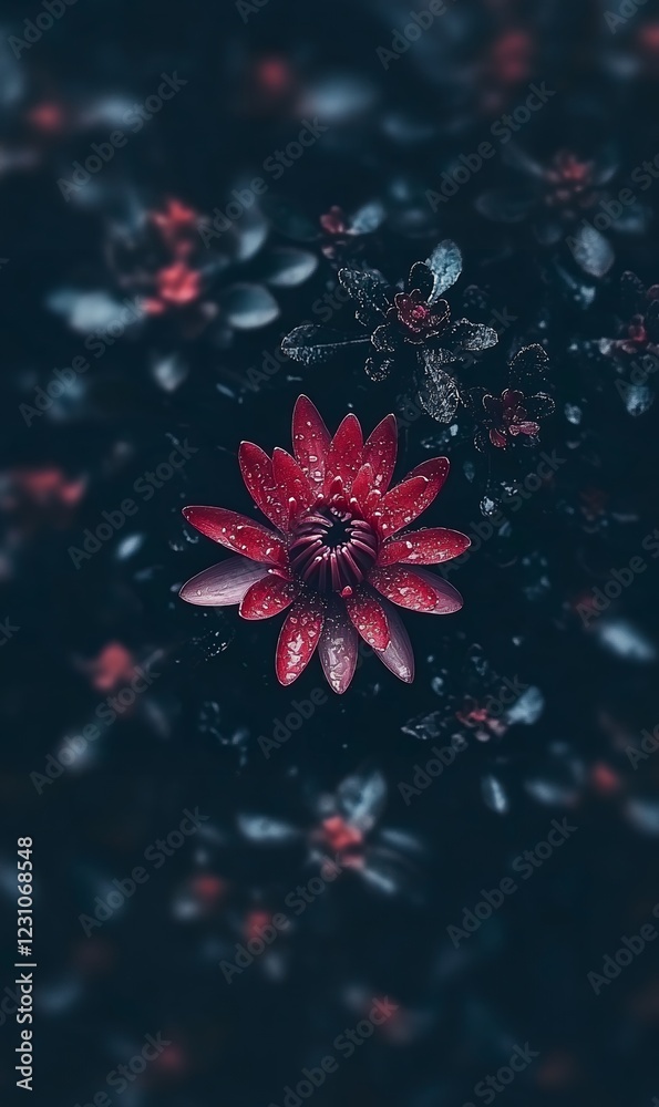 Stunning Red Flower with Dew Drops Close up Macro Photography of Bloom in Dark Garden Stunning Red Flower with Dew Drops Close up Macro Photography of Bloom in Dark Garden