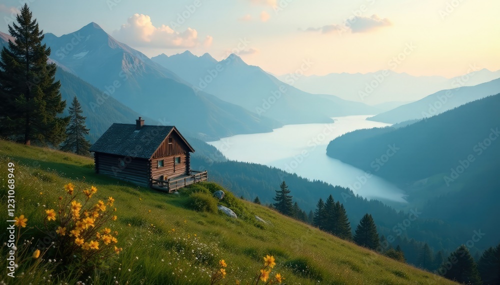 misty morning over mountains with cabin in foreground, mist, , landscape misty morning over mountains with cabin in foreground, mist, , landscape
