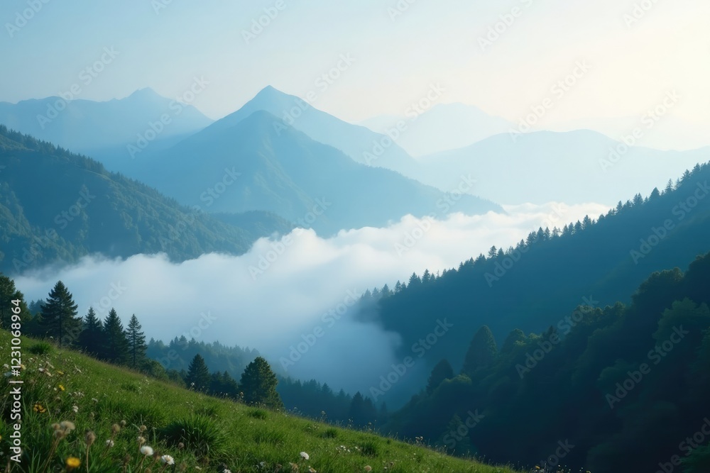 Fototapeta premium Misty mountainside covered in a thick layer of fog, peaceful, landscape, fog