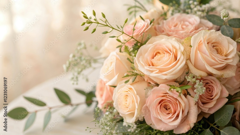 Softly glowing rose bouquet background with delicate greenery and soft peach tones, pastel colors, garden scene Softly glowing rose bouquet background with delicate greenery and soft peach tones, pastel colors, garden scene