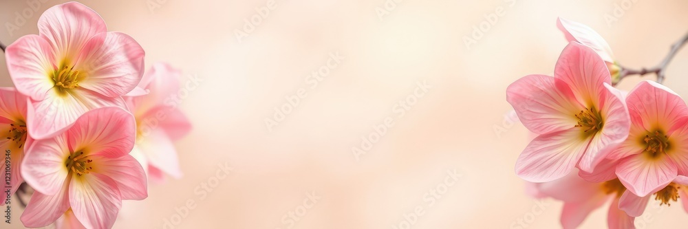 Fototapeta premium Soft Pink Peach Flower Petals Frame Blurry Light Background, peach blossoms, garden backdrop