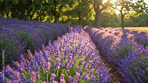 Wallpaper Mural Video captures serene lavender fields at sunset, highlighting vibrant purples and greens. Tranquil and immersive, with a low-angle camera shot. Torontodigital.ca