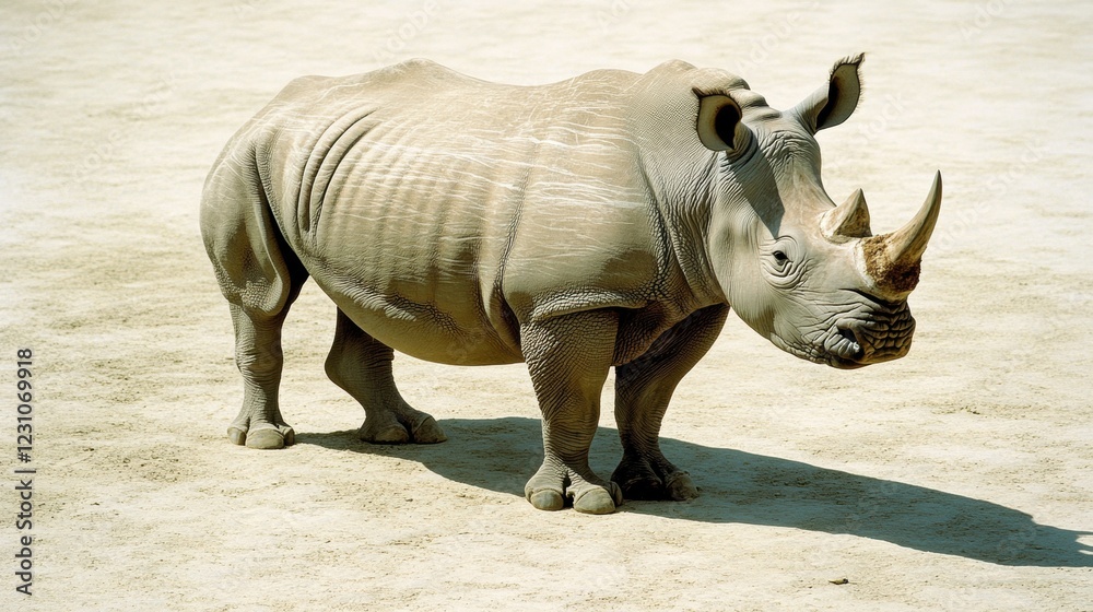 Fototapeta premium Rhino observing natural habitat savannah wildlife daylight ground level perspective