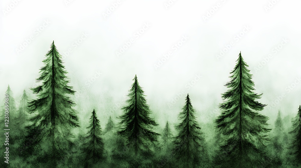 Enigmatic Evergreen Forest Shrouded in Mist: A Serene and Atmospheric Landscape Painting Enigmatic Evergreen Forest Shrouded in Mist: A Serene and Atmospheric Landscape Painting