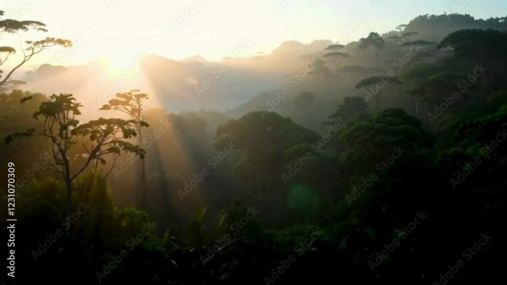 A breathtaking and otherworldly sunrise graces the forest. The rays of the sun pierce through the fog-draped trees, showcasing the mystical allure of the rainforest