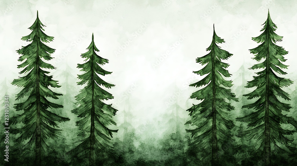 Obraz premium Tranquil Evergreen Forest Watercolor Painting: Peaceful Misty Scene with Tall Trees
