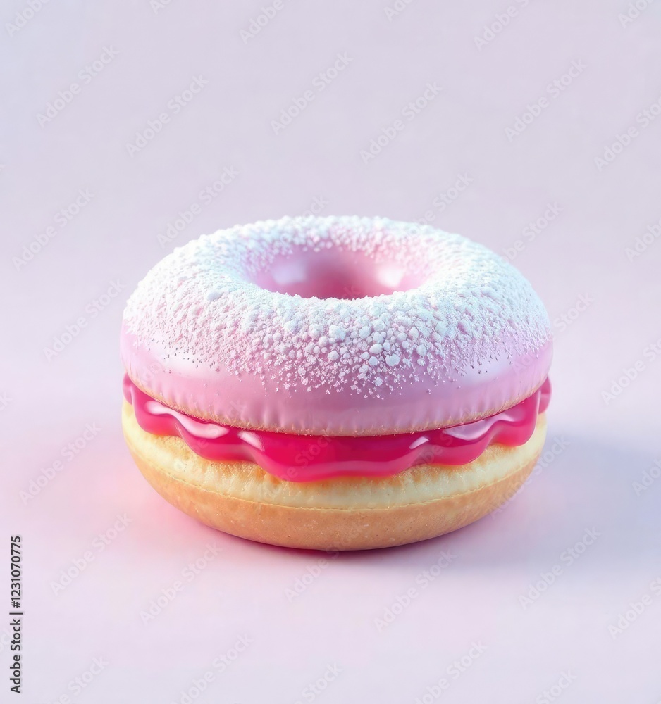 Pastel pink jelly filled doughnut with a ring of powdered sugar on top , powdered sugar coating, dessert , sprinkles Pastel pink jelly filled doughnut with a ring of powdered sugar on top , powdered sugar coating, dessert , sprinkles