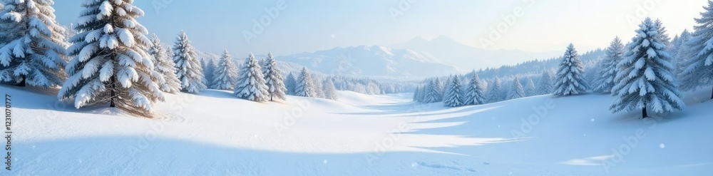 Fototapeta premium Snow-covered hills and trees on a peaceful golf course, icy terrain, snow covered hills