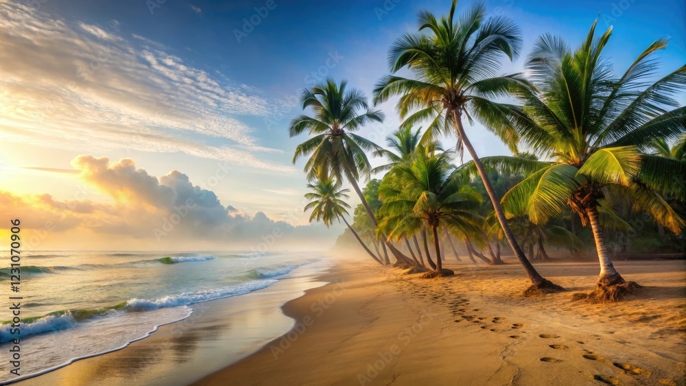 Peaceful morning beach scene with mist rising from the sand and palm trees swaying in the breeze, palm, landscape, serene, calming, sun Peaceful morning beach scene with mist rising from the sand and palm trees swaying in the breeze, palm, landscape, serene, calming, sun