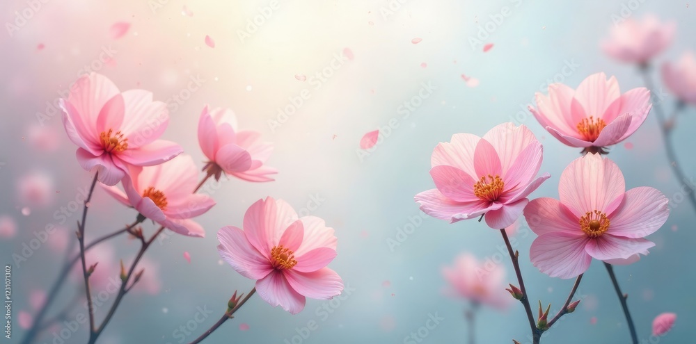 The delicate blooms are veiled in a soft, white mist, white mist, pastel hues, misty flower background abstract The delicate blooms are veiled in a soft, white mist, white mist, pastel hues, misty flower background abstract