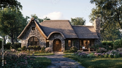 Wallpaper Mural Charming Stone Cottage with Thatched Roof in a Lush Garden Setting Torontodigital.ca