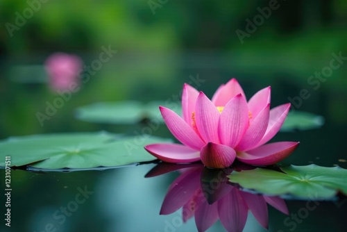 Pink Lotus Blooms in the Calm Surface of a Lake, calm water, tropical plant, aquatic bloom