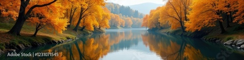 Wallpaper Mural The river's tranquil atmosphere is mirrored in the peaceful surroundings of golden yellow and orange trees, autumn, nature Torontodigital.ca