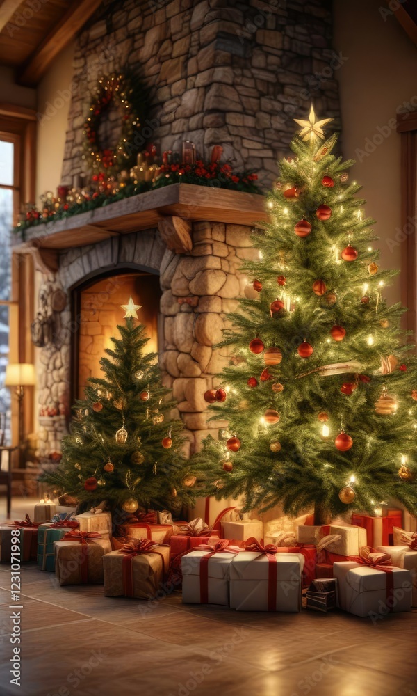 custom made wallpaper toronto digitalPresents piled high around the base of a Christmas tree in front of a large stone fireplace with a warm glow , holiday decor, Christmas tree