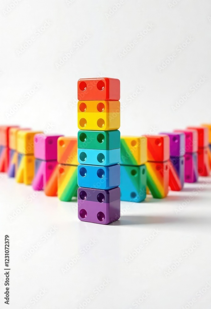Rainbow-colored dominoes in a symmetrical arrangement creating a sense of balance and order, symmetry, multicolored alignment , artistic composition Rainbow-colored dominoes in a symmetrical arrangement creating a sense of balance and order, symmetry, multicolored alignment , artistic composition