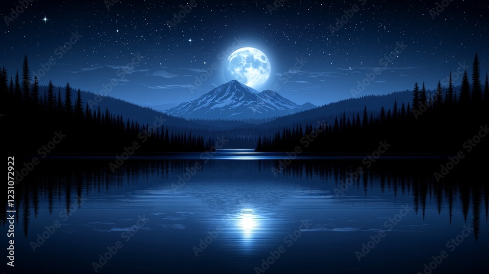 Serene Night Scene Full Moon over Mountain Lake and Forest Serene Night Scene Full Moon over Mountain Lake and Forest