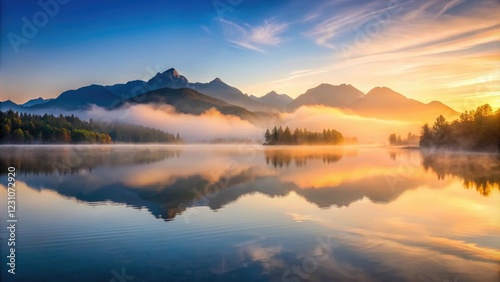 Reflection of misty mountains in a calm lake surface at sunrise, lake, peaceful, serene, reflection