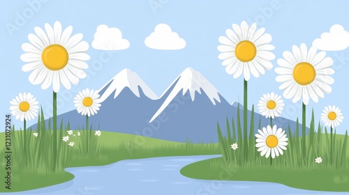 Idyllic Mountain Landscape with Oversized Daisies and a Stream