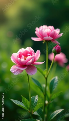 Dainty pink peonies sway gently in the breeze amidst lush greenery, garden, peonies