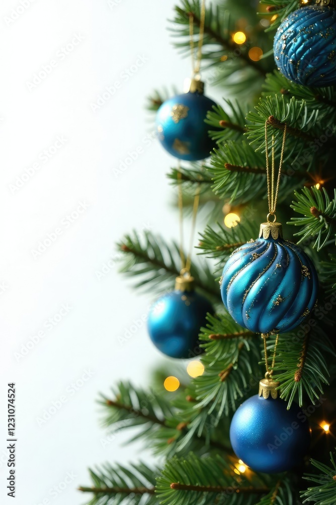 Fototapeta premium Decorated evergreen tree branch with blue and gold ornaments on a white background, gold, pine, sparkling