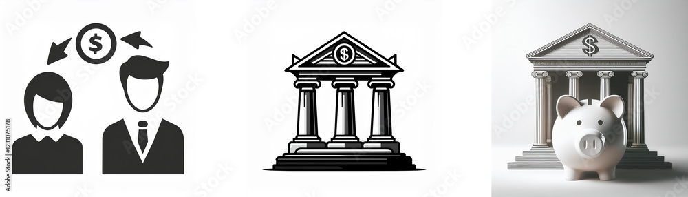 Financial transactions between two individuals depicted, alongside representations of a classical bank building and a piggy bank, symbolizing savings and financial institutions. Financial transactions between two individuals depicted, alongside representations of a classical bank building and a piggy bank, symbolizing savings and financial institutions.