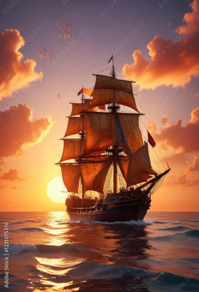 Obraz premium Ship sails through a sea of warm colors as day ends, nautical theme, serenity of the sea