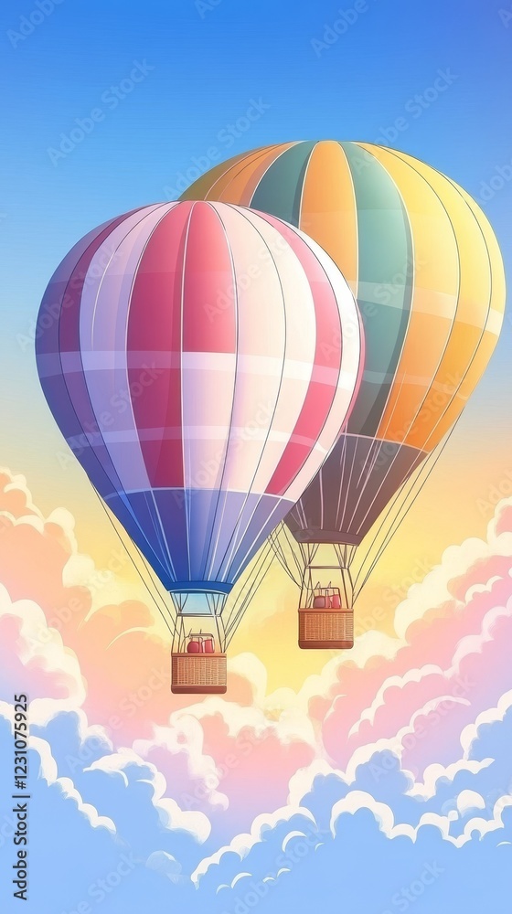 Fototapeta premium Two vibrant hot air balloons ascend through a pastel sky above fluffy clouds