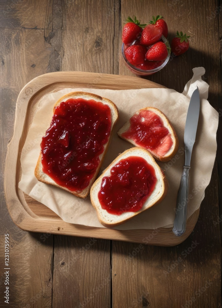 Slice of warm white bread toast with a generous spread of strawberry jam, presented on a rustic wooden surface, crispy crust, berry love Slice of warm white bread toast with a generous spread of strawberry jam, presented on a rustic wooden surface, crispy crust, berry love