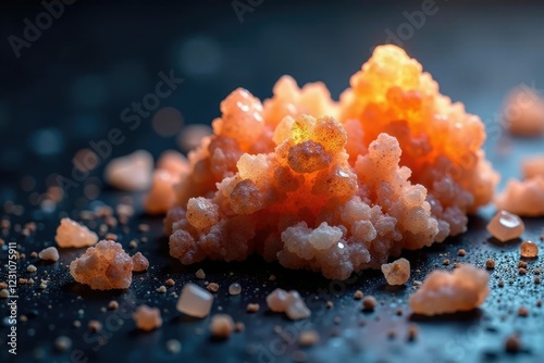 Glistening aragonite crystals scattered on a dark surface, minerals, rocks, aragonite