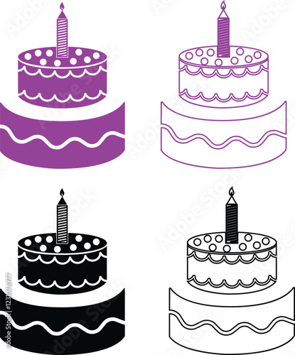Cakes flat or line icon set collection. Vector of different types of beautiful modern cakes such as chocolate cake, Napoleon cake, tiramisu , eclair and cheesecake. Isolated on transparent background.