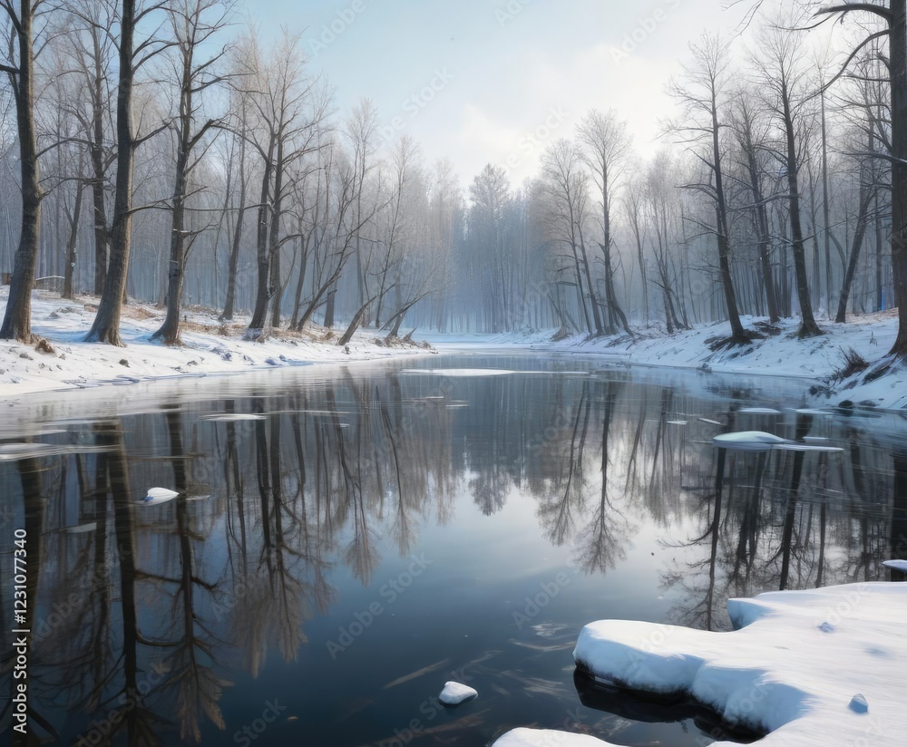 Snowy forest with bare trees and a frozen lake, frozen lake, winter scenery Snowy forest with bare trees and a frozen lake, frozen lake, winter scenery