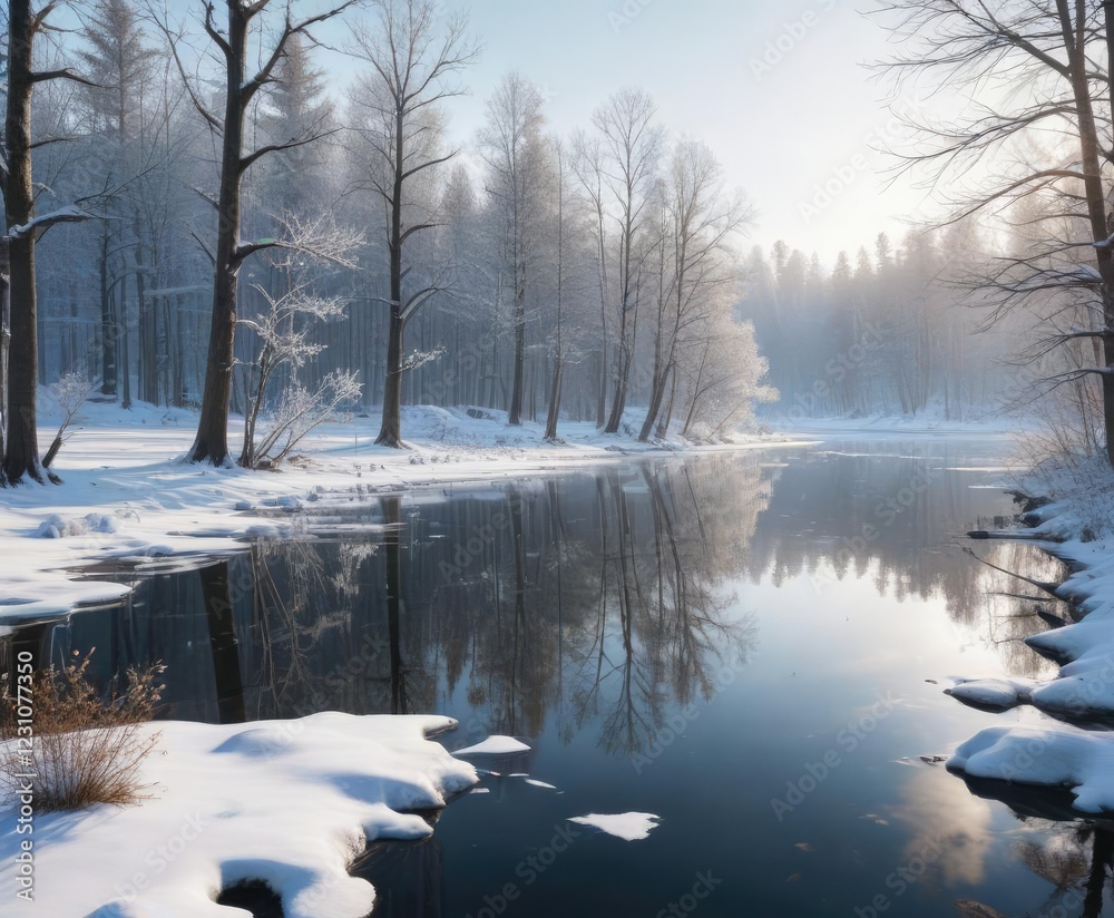 Snowy forest with bare trees and a frozen lake, winter scenery, snowy terrain, frozen lake Snowy forest with bare trees and a frozen lake, winter scenery, snowy terrain, frozen lake