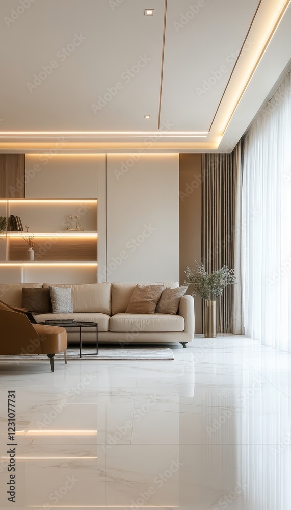 Fototapeta premium Modern living room interior design with beige sofa, marble floor, and recessed lighting.