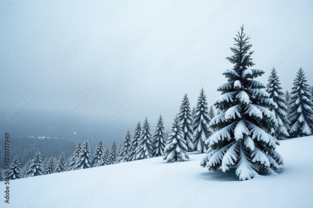 Fototapeta premium Snow covered pine trees stretched up towards grey sky, serene, winter landscape