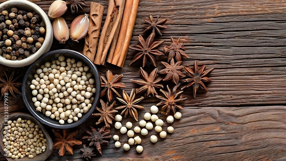 a collection of spice copy space arranged on a wooden surface, including star anise, pepper, garlic, and cinnamon sticks health and diet concepts a collection of spice copy space arranged on a wooden surface, including star anise, pepper, garlic, and cinnamon sticks health and diet concepts
