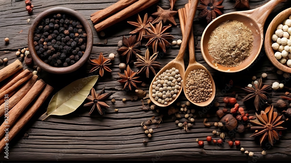 a collection of spice copy space arranged on a wooden surface, including star anise, pepper, garlic, and cinnamon sticks health and diet concepts a collection of spice copy space arranged on a wooden surface, including star anise, pepper, garlic, and cinnamon sticks health and diet concepts