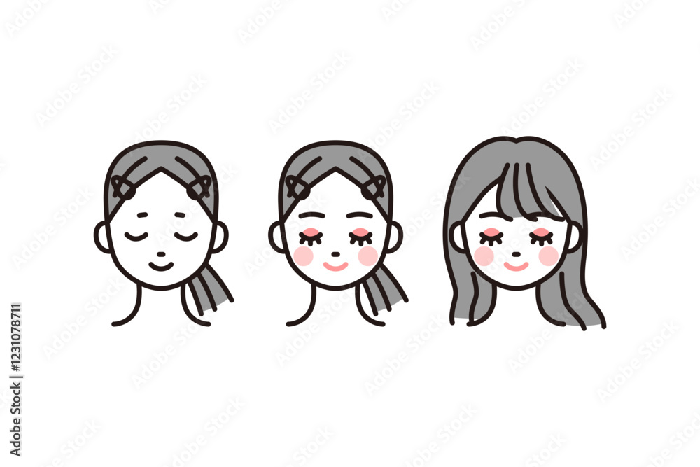 メイクアップする女性のイラスト素材セット メイクアップする女性のイラスト素材セット